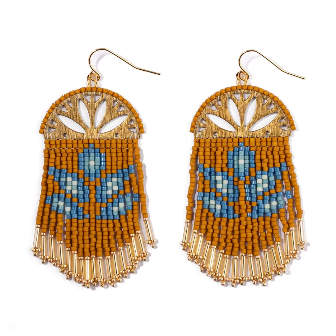 Beaded Handwoven Lotus Fringe Earring - Mustard - Zinnias Gift Boutique