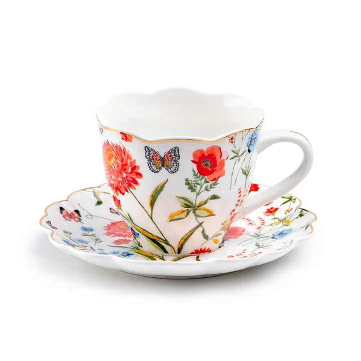 Butterfly Poppy 7oz Fine Porcelain Tea Cup and Saucer - Zinnias Gift Boutique