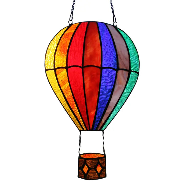 11"H Otis Red Hot Air Balloon Stained Glass Window Panel - Zinnias Gift Boutique