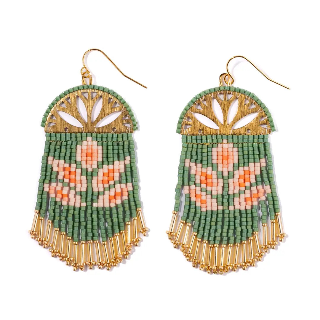 Beaded Handwoven Lotus Fringe Earring - Green - Zinnias Gift Boutique