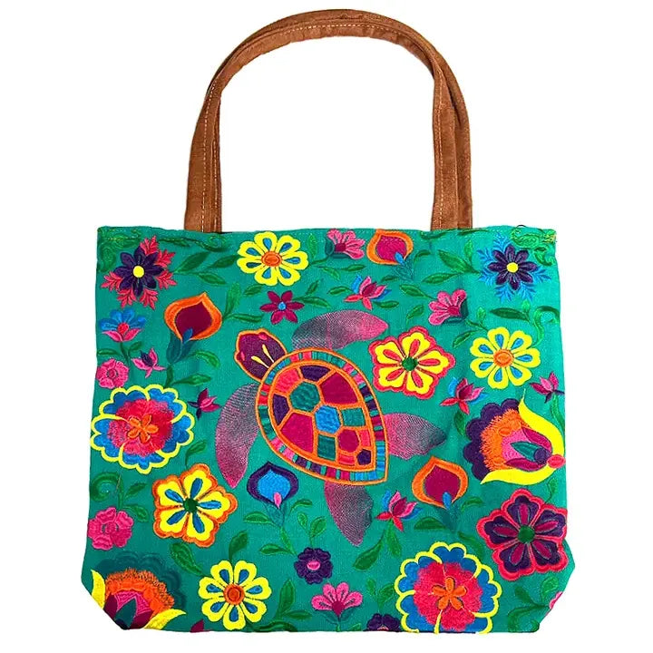 Large suede tote bag with embroidered floral sea turtle design, stylish Pichincha purse tote for casual or beach outings.