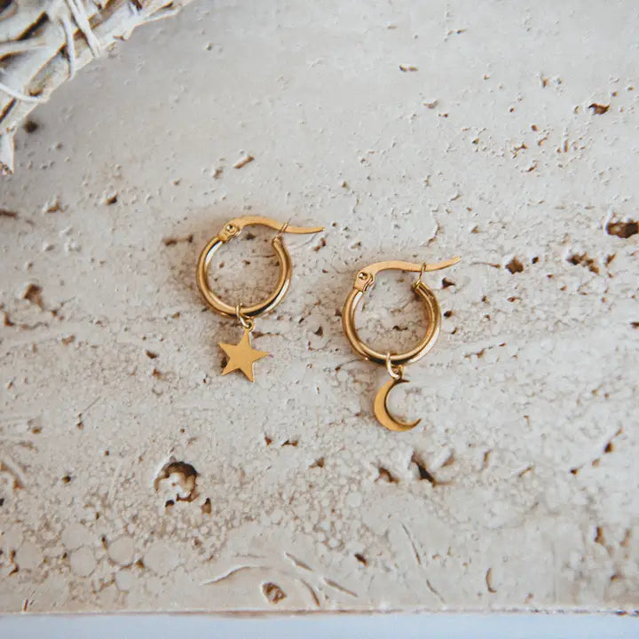 Cosmic Moon & Star Pendant Hoop Earrings - Zinnias Gift Boutique