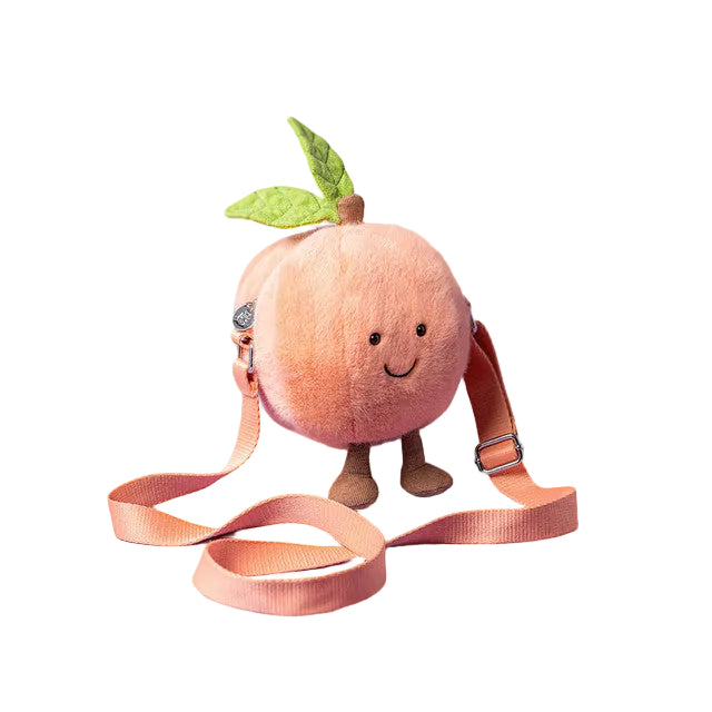 Jellycat Amuseable Peach shoulder bag designed as a soft, plush stuffed animal with a peach shape and green leaf accents.