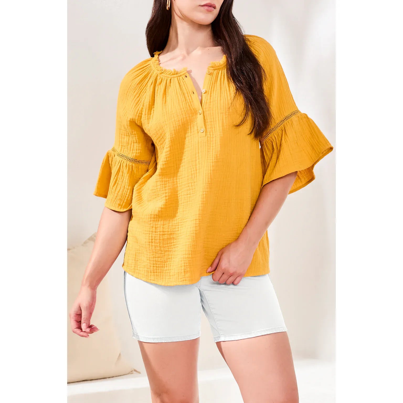 Crinkle Gauze Split-Neck Bell Sleeve Blouse - Zinnias Gift Boutique