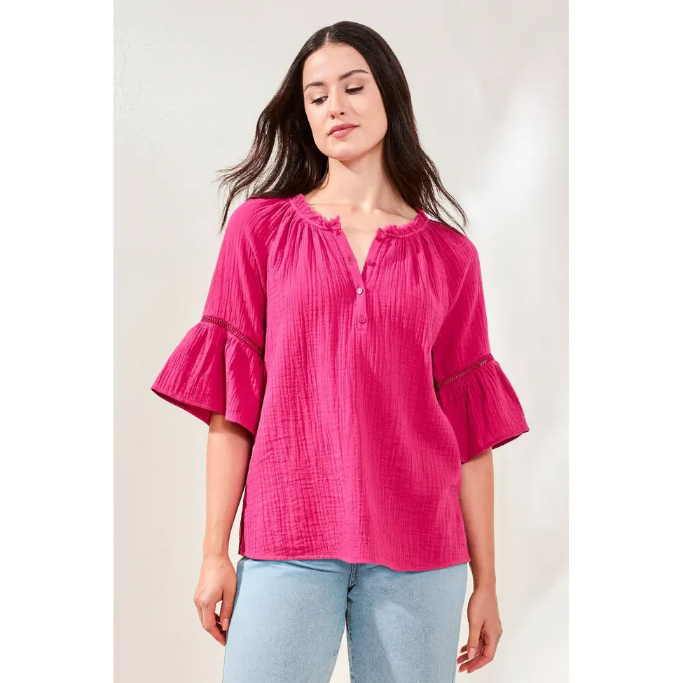 Crinkle Gauze Split-Neck Bell Sleeve Blouse - Zinnias Gift Boutique