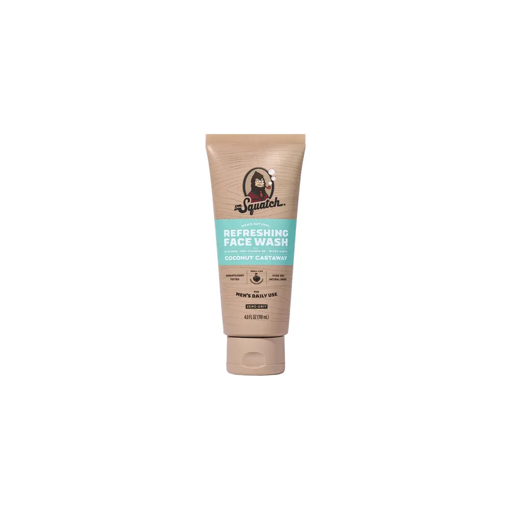 Dr. Squatch Coconut Castaway refreshing face wash in a 4oz bottle, with a clear label and tropical coconut scent.