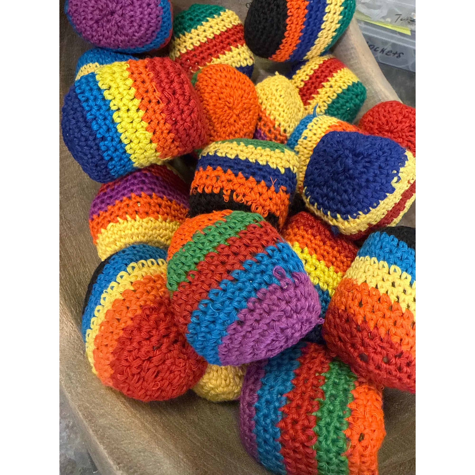 Colorful Hacky Sack footbag by Sensibling Corp, showing vibrant fabric and stitched design, suitable for casual footbag play.