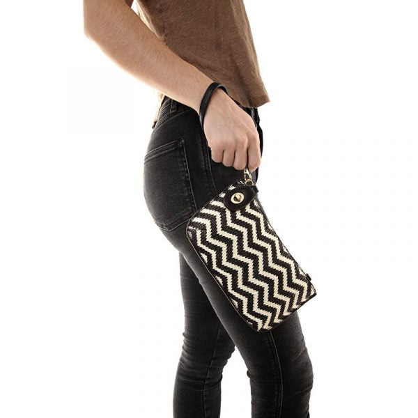 Straw Mini Crossbody Wristlet Clutch Black+Cream - Zinnias Gift Boutique