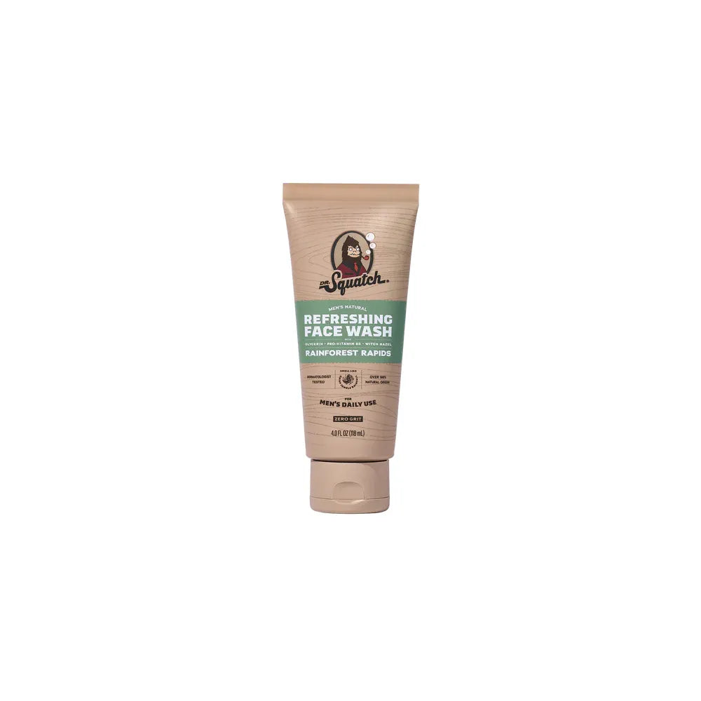 Dr. Squatch Rainforest Rapids refreshing face wash in a 4oz bottle, with a natural rainforest-themed label and clear packaging.