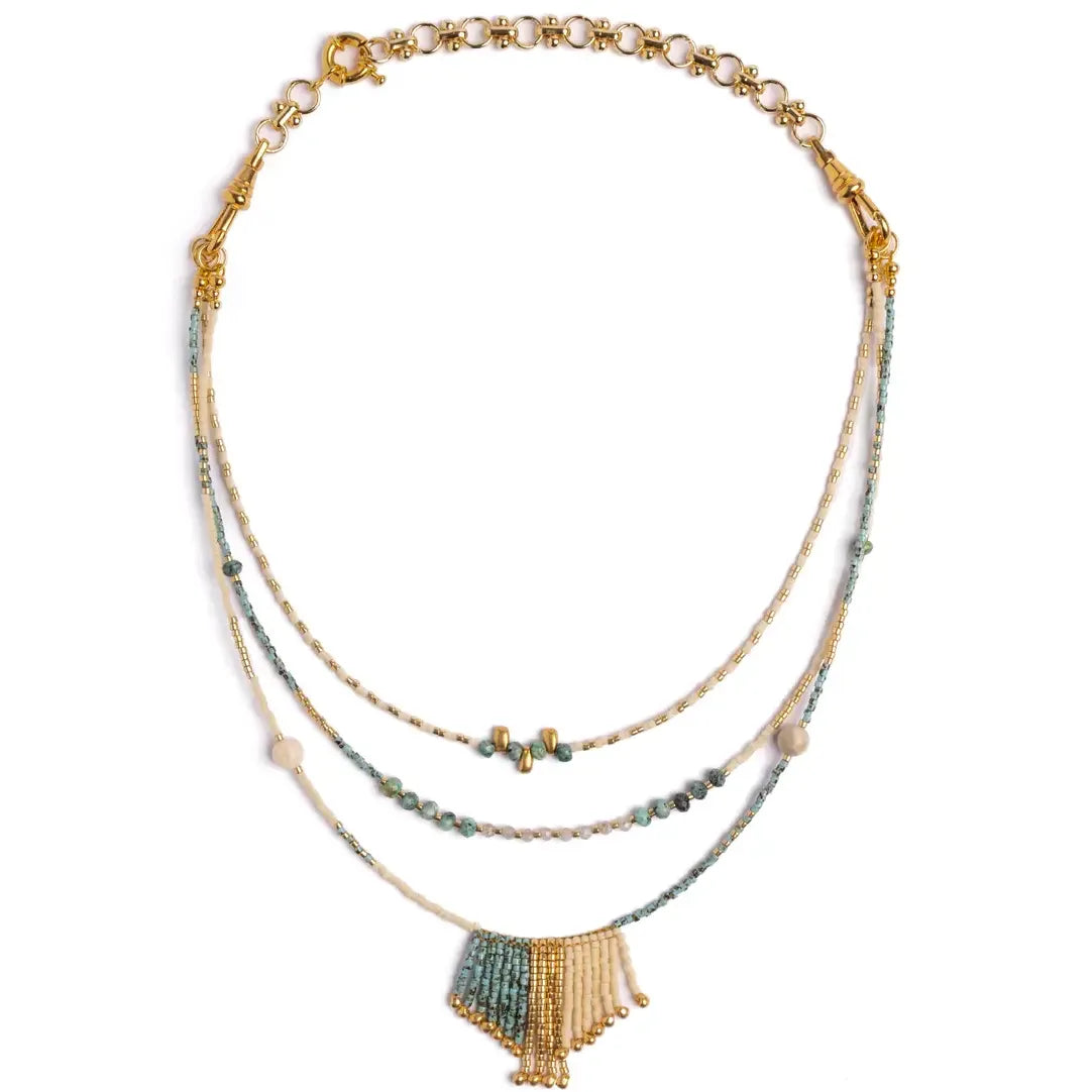 Handwoven Miyuki Gem Fringe Layer Necklace - Aqua - Zinnias Gift Boutique