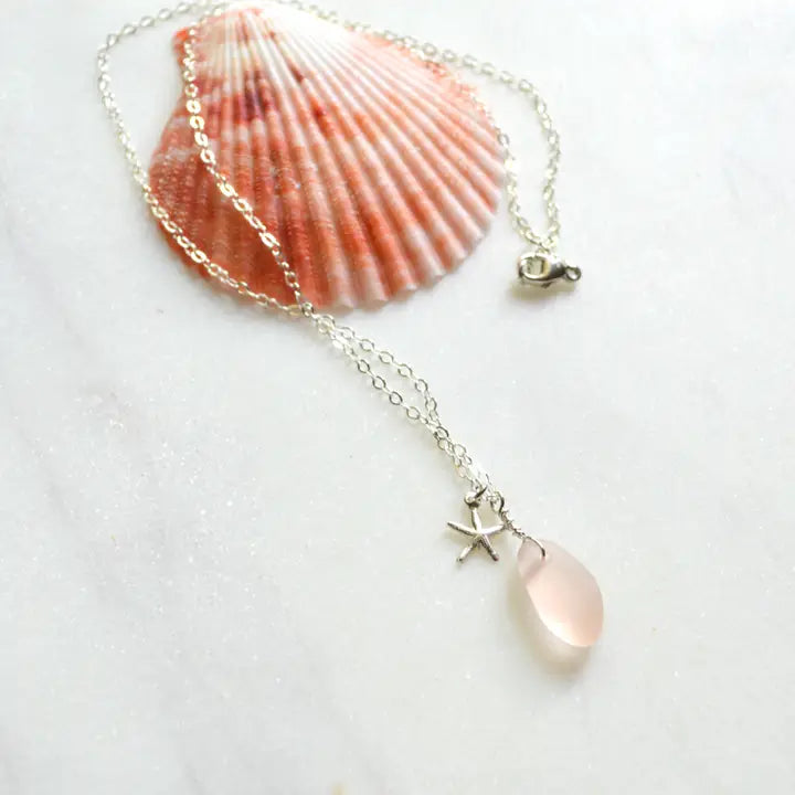 Tiny Frosted Pink Glass & Starfish Necklace - Silver - Zinnias Gift Boutique