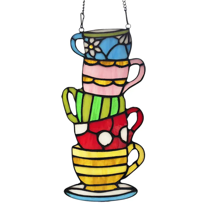 10.25"H Colorful Stacked Teacups Stained Glass Window Panel - Zinnias Gift Boutique