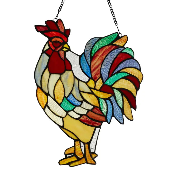 15.25"H Roland the Red Rooster Stained Glass Window Panel - Zinnias Gift Boutique