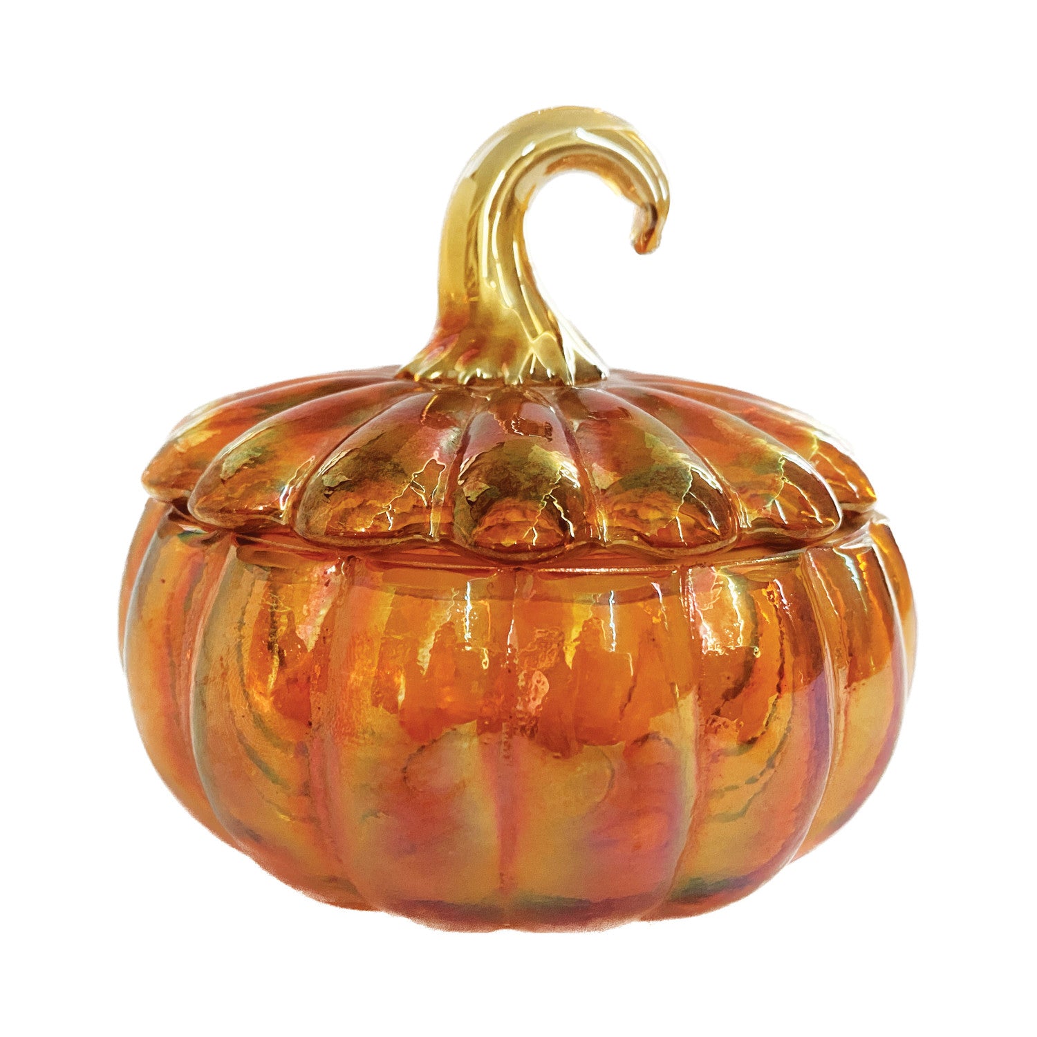 Recycled Glass Pumpkin Shaped Jar w/ Lid, Iridescent Orange Color - Zinnias Gift Boutique