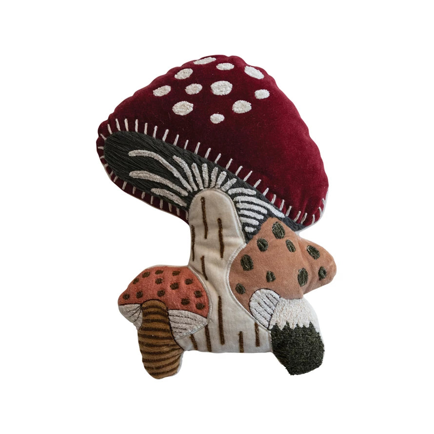 Cotton Velvet Embroidered Mushrooms Shaped Pillow 14"L x 10"W - Zinnias Gift Boutique