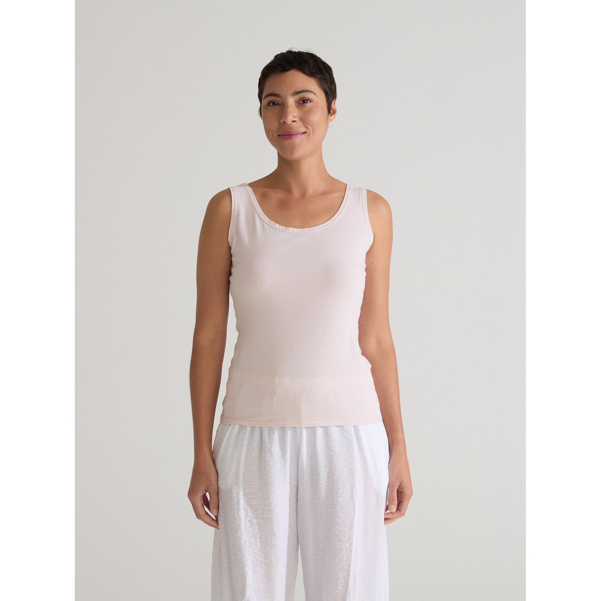 Cutloose convertible boatneck tank in cognac color, showing front view with relaxed fit and versatile neckline design