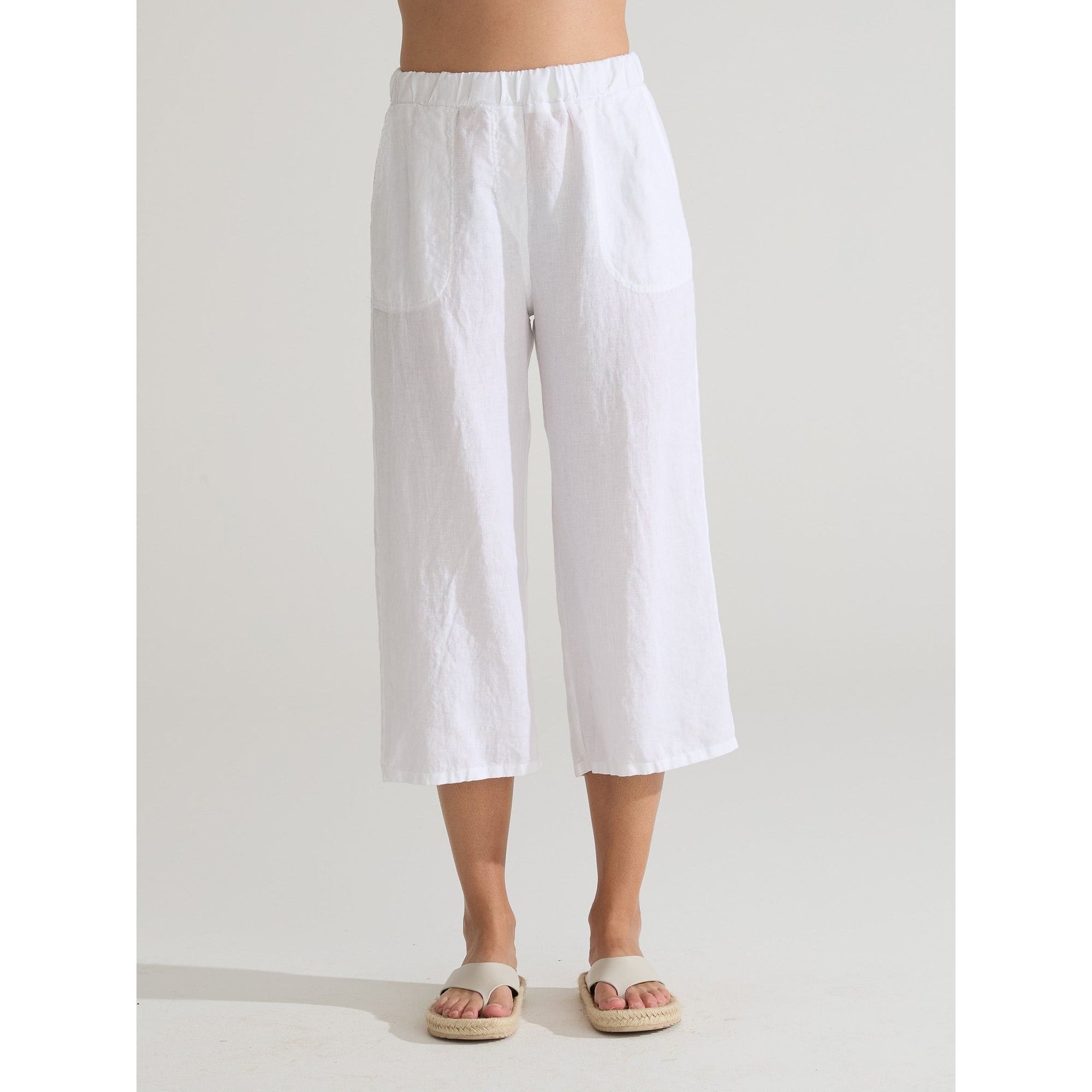 Light green Cutloose Easy Crop Linen Pant with relaxed fit and wide leg, shown on a model.