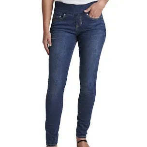Dark indigo Nora high-rise skinny jeans by Jag, showing close-up of fitted denim with a high waist and sleek silhouette.