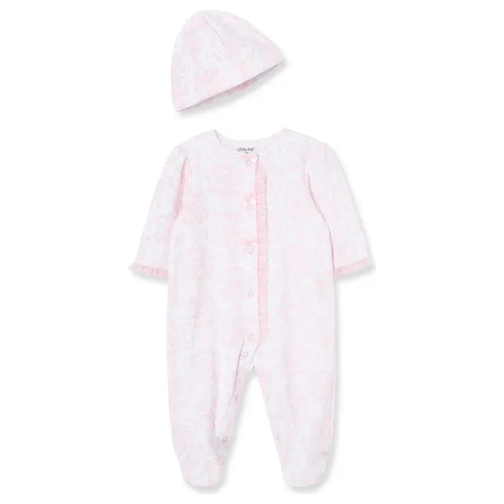 Damask Scroll Footed One-Piece And Hat - Zinnias Gift Boutique