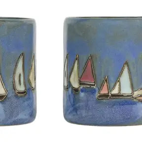 Square 12oz Mara mug featuring nautical sail boat design, perfect for coffee or tea with maritime-themed artwork.