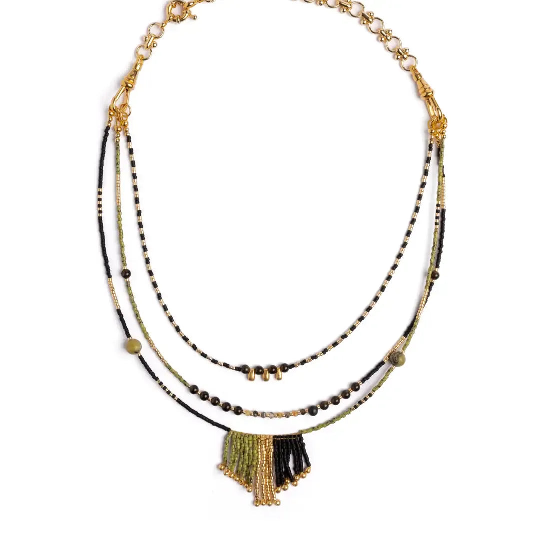 Handwoven Miyuki Gem Fringe Layer Necklace - Olive - Zinnias Gift Boutique