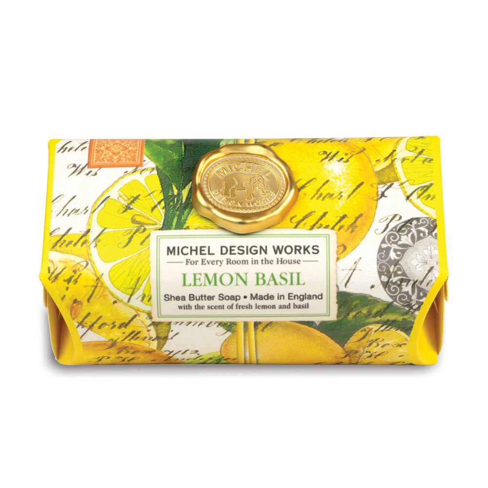 Michel Design Works Lemon Basil large soap bar with fresh lemon and basil scent, featuring a natural, textured soap surface.