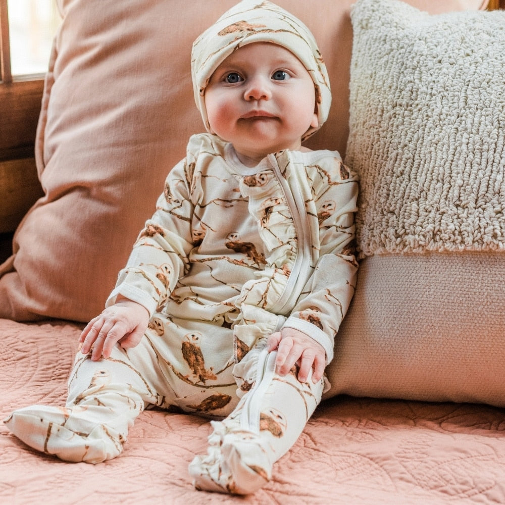 Owl Bamboo Ruffle Zipper Footed Romper - Zinnias Gift Boutique