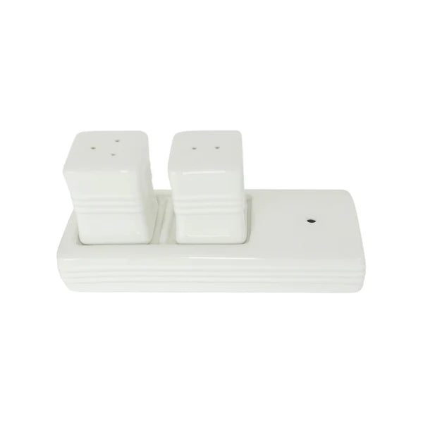 Nora Fleming salt and pepper shakers with pinstripe design, ceramic set featuring sleek, modern styling.