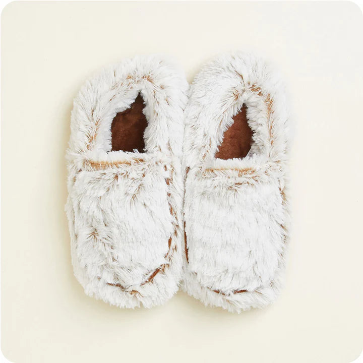 Gray Warmies slippers featuring soft plush material and cozy design, perfect for warmth and comfort at home.