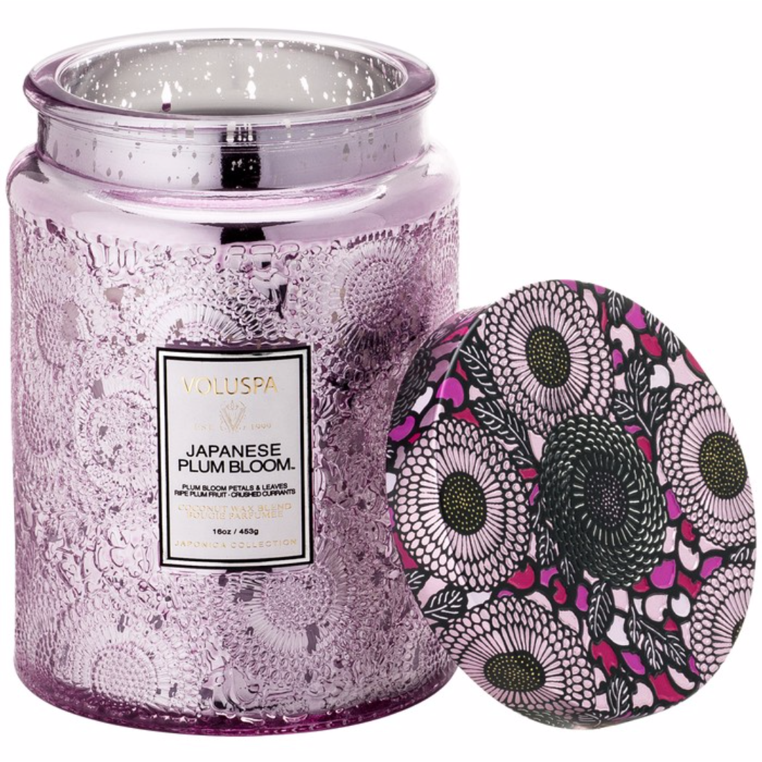 Voluspa Large Embossed Glass Candle - Japanese Plum Bloom Poured in California - Zinnias Gift Boutique