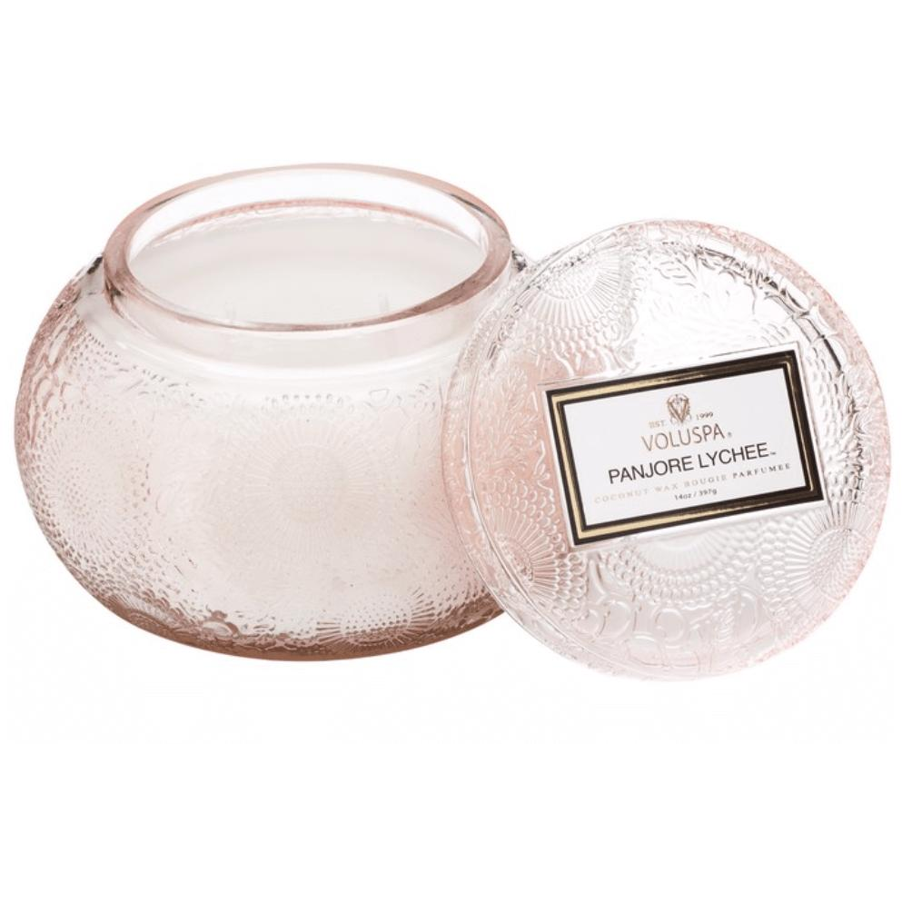 Voluspa Large Embossed Glass Candle - Panjore Lychee Poured in California - Zinnias Gift Boutique