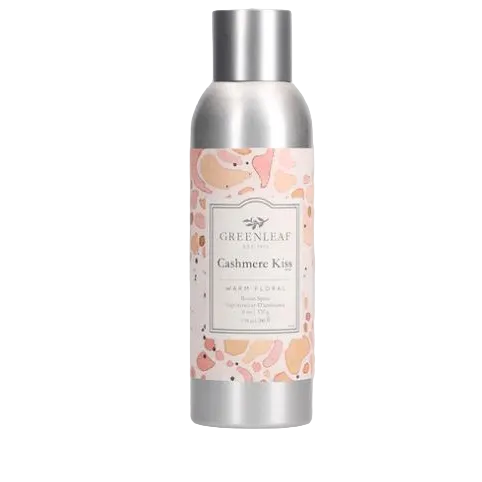 Greenleaf Cashmere Kiss room spray bottle with a sleek design, showcasing the luxurious fragrance and elegant branding.