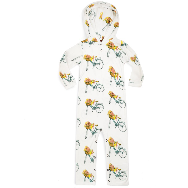 Hooded Bamboo Romper - Floral Bicycles - Zinnias Gift Boutique