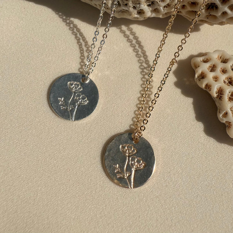 California Poppy Disc Necklace in gold-filled with 18-inch chain, featuring a delicate flower pendant from In Situ jewelry.