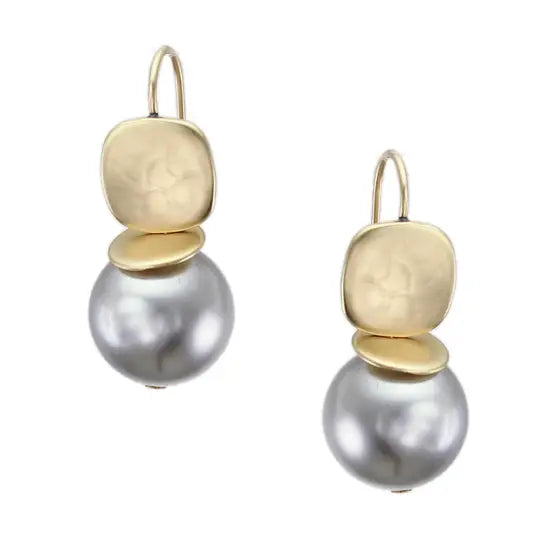 Rounded Square with Flat Disc and Grey Pearl Earring