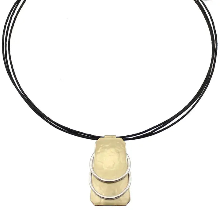 Brass Rectangle with Sterling Silver Rings On Black Cord