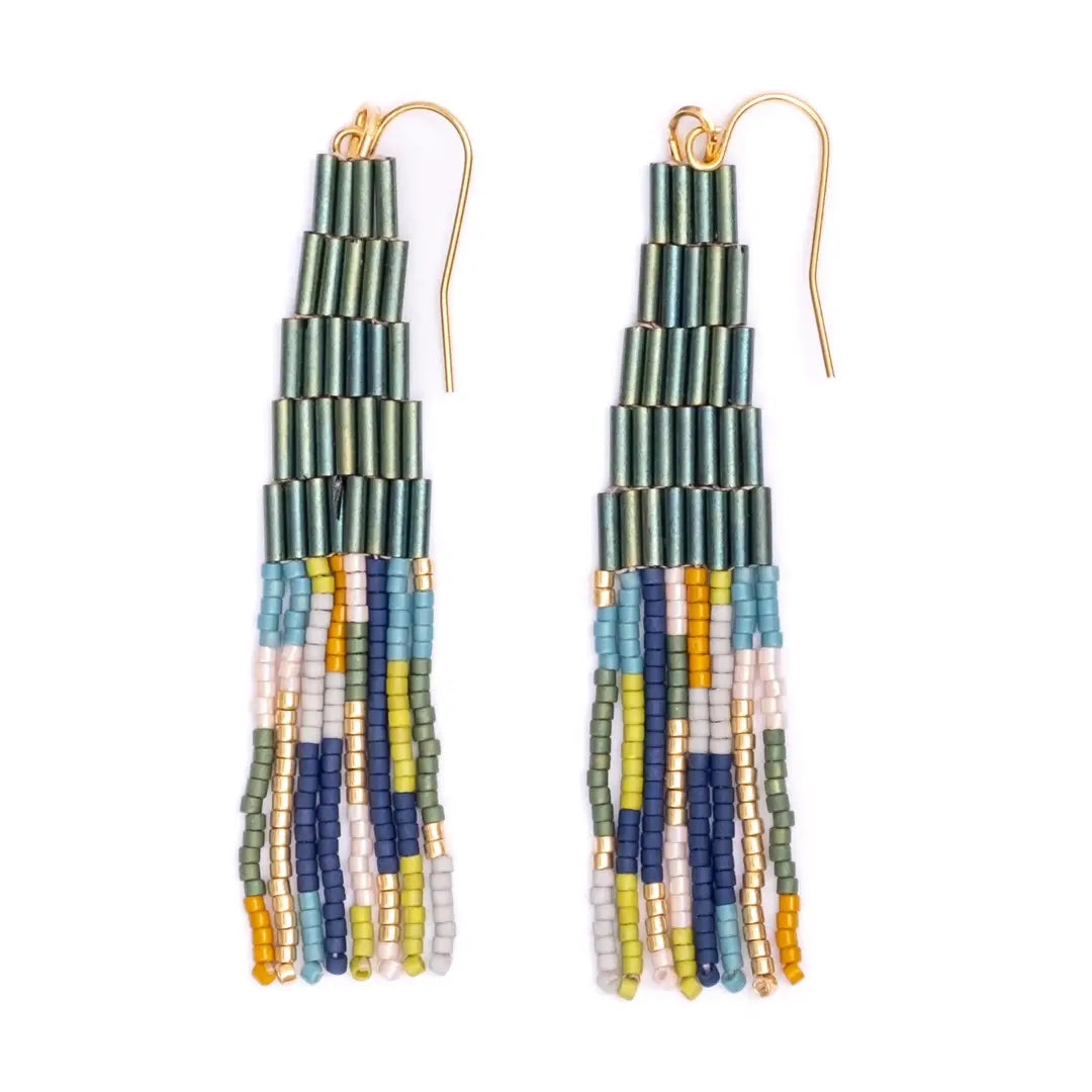 Beaded Handwoven Linear Abstract Tube Earring - Emerald - Zinnias Gift Boutique