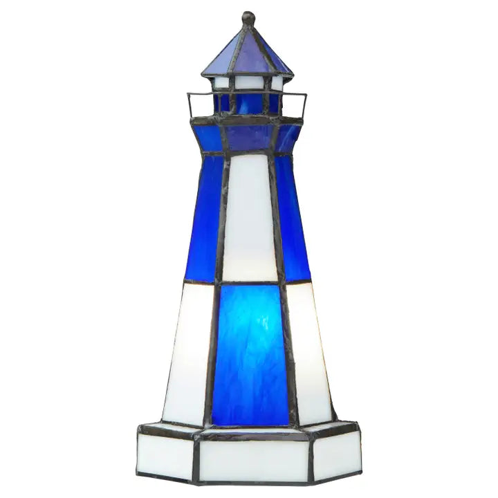 10.4"H Blue & White Stained Glass Lighthouse Accent Lamp - Zinnias Gift Boutique