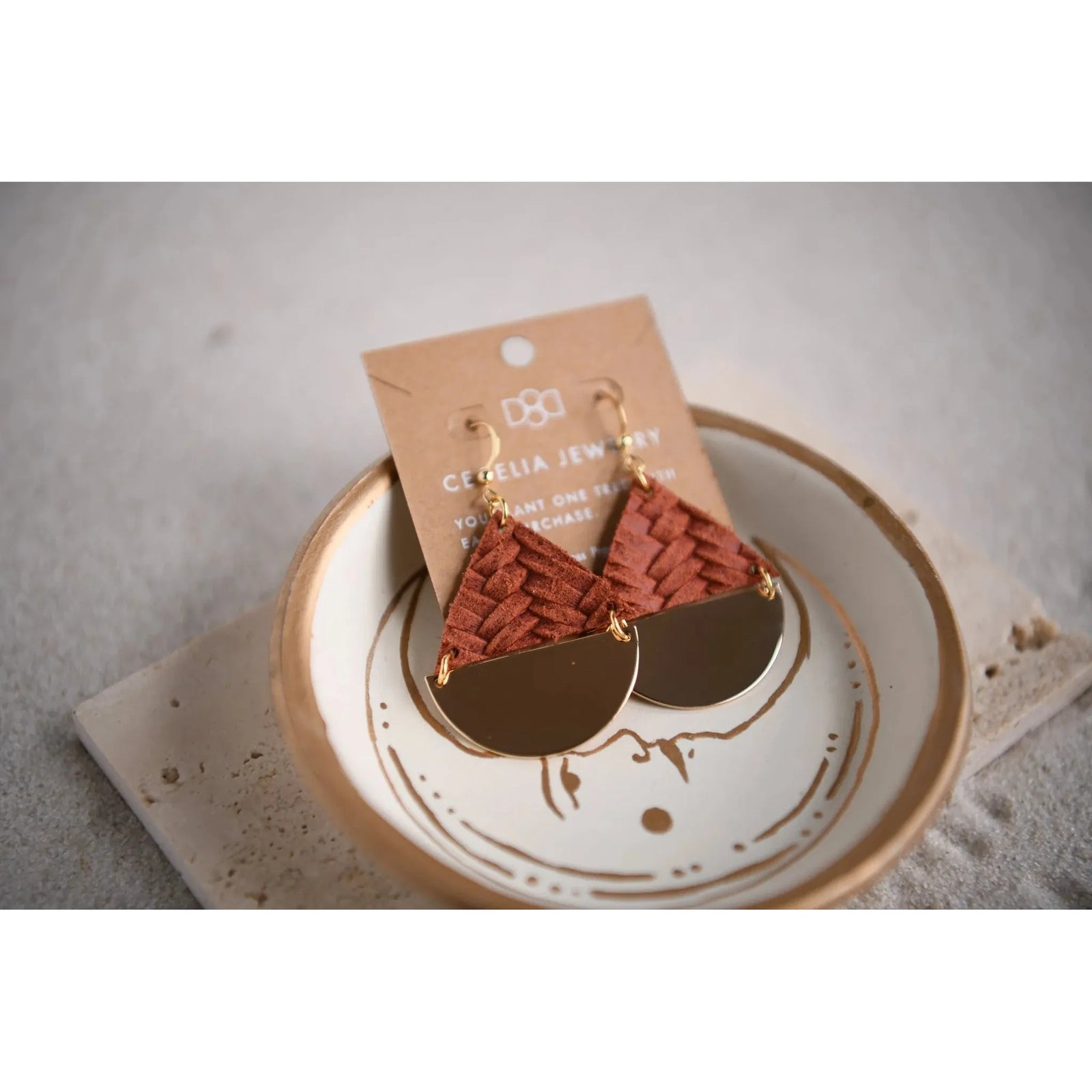 Half Moon & Leather Triangle Earring  Rust - Zinnias Gift Boutique