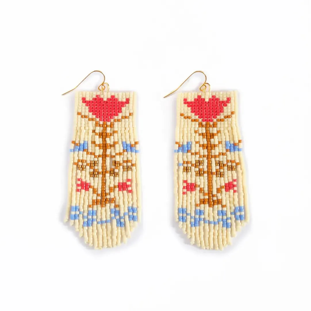 Beaded Handwoven Vintage Flower Earring - Cream Red - Zinnias Gift Boutique