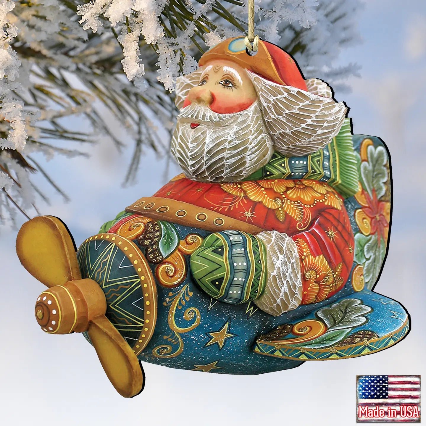 Aviator Santa Wood Ornament - Zinnias Gift Boutique