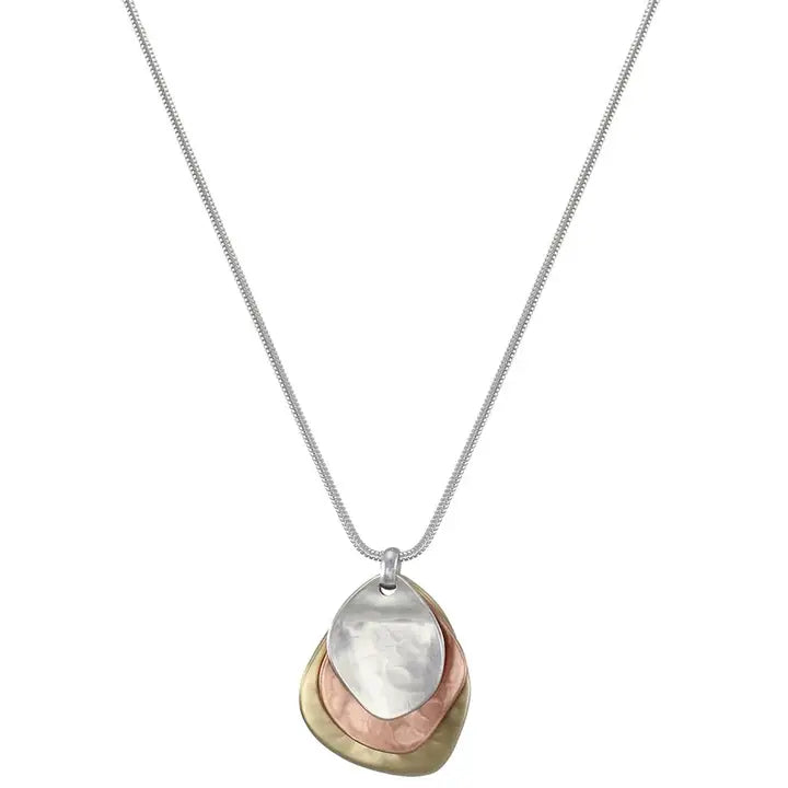 Three Hammered Petals On Long Snake Chain Necklace