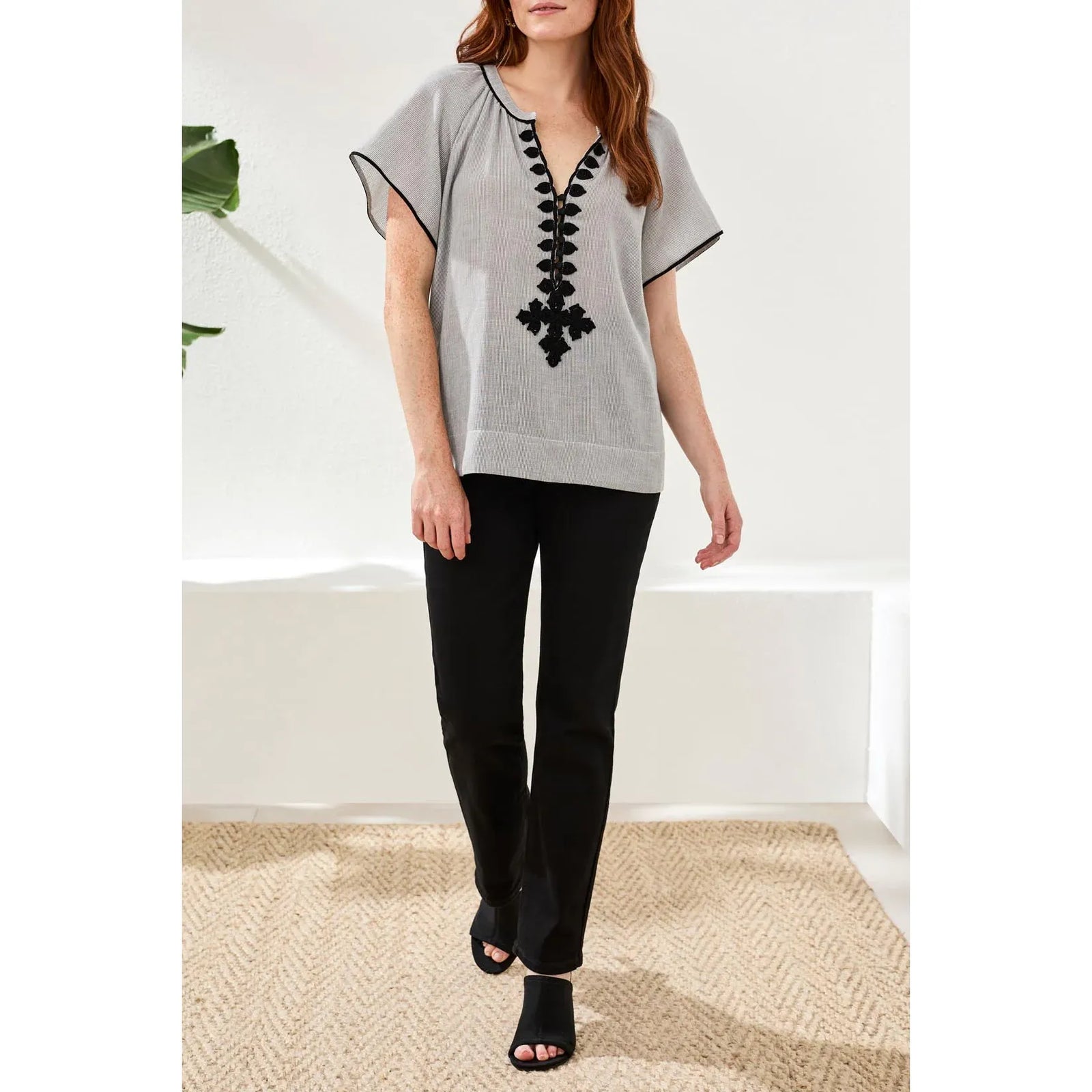Short Sleeve Blouse w/ Tape Detail - Zinnias Gift Boutique