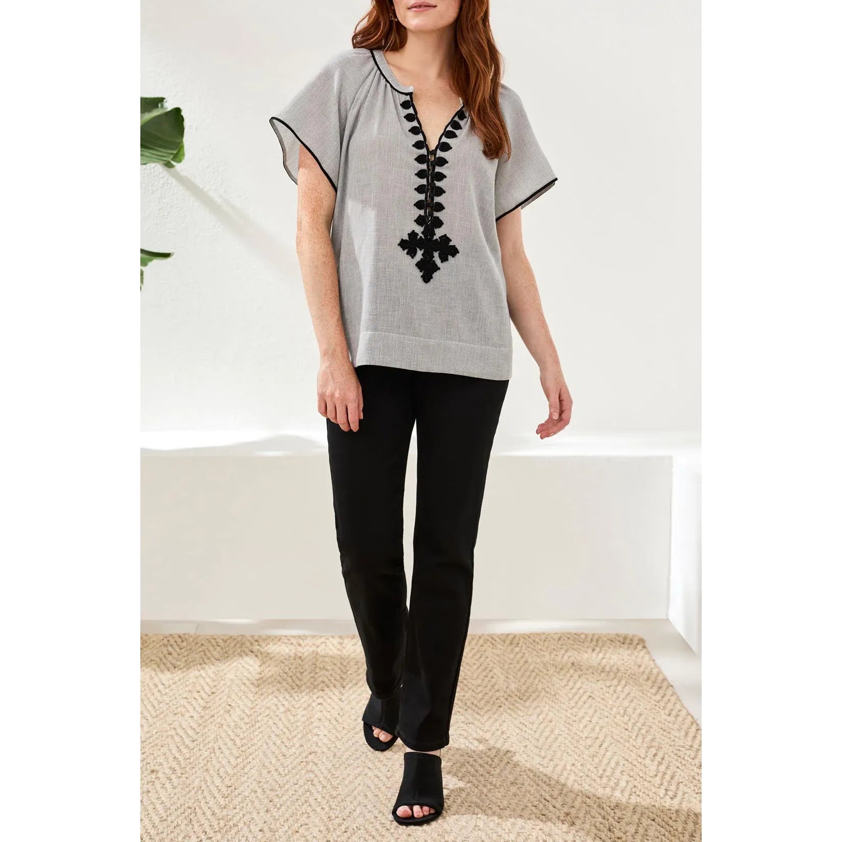 Short Sleeve Blouse w/ Tape Detail - Zinnias Gift Boutique