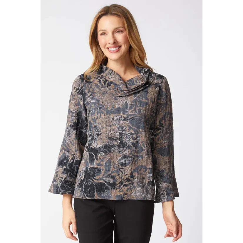 Jacobian Floral Cowl Pullover - Truffle - Zinnias Gift Boutique