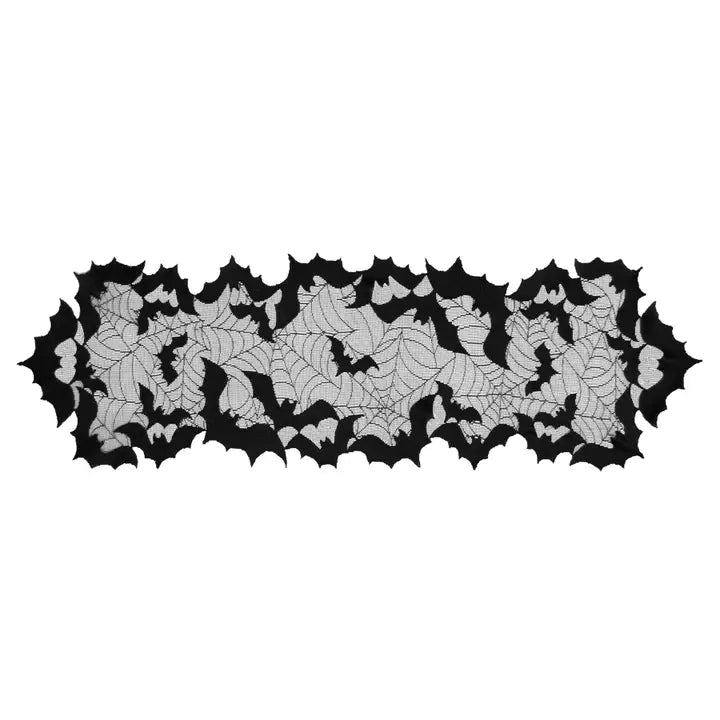 Halloween Bat Spider Web 14x48 Lace Table Runner Black