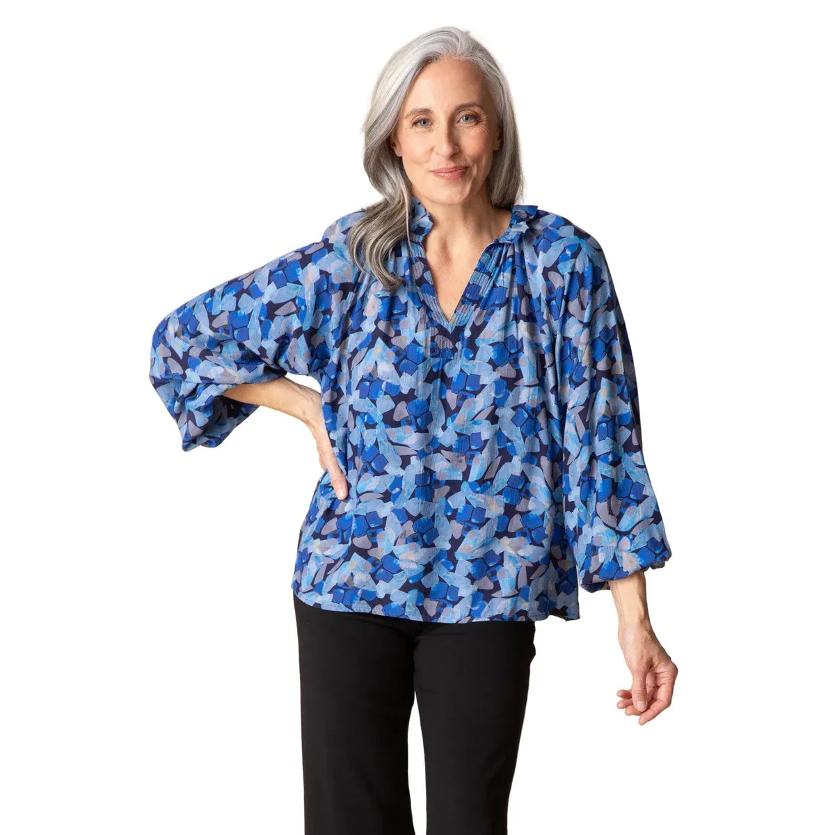 Painted Stones Ruched Collar Shirt - Zinnias Gift Boutique