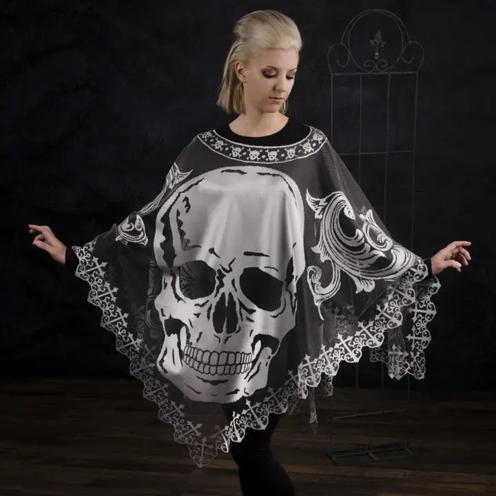 Skeleton Skull Halloween 58x58 Lace Poncho Costume Pewter