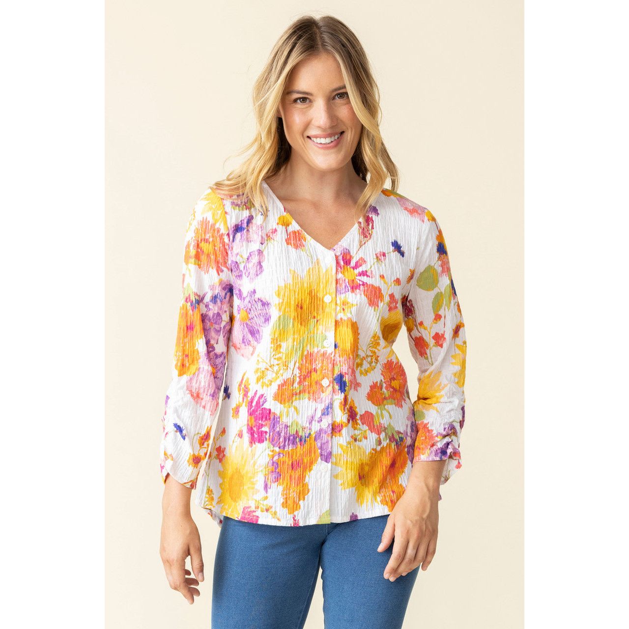 Crinkle Cotton Sunflower Ruched Sleeve V-Neck Top - Multi - Zinnias Gift Boutique