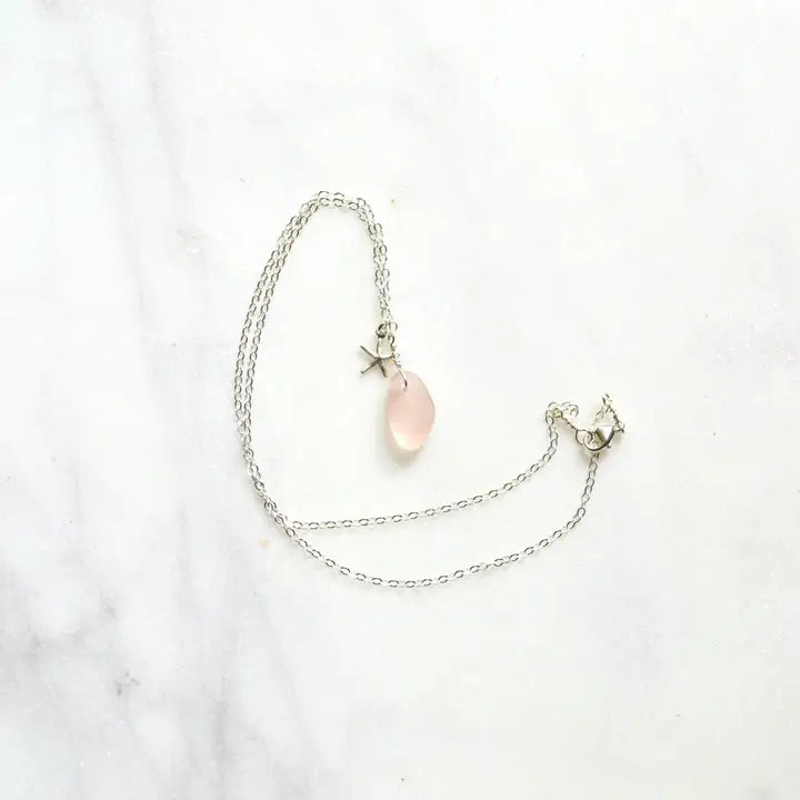 Tiny Silver Frosted Glass &amp; Starfish Necklace - Lemon Yellow - Zinnias Gift Boutique